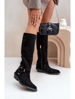 Semišové Kozačky Kovbojky Na Nízkém Podpatku S Dekorací model 21680168 Černé - Zazoo