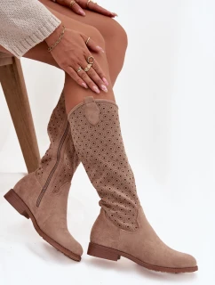 Dámske čižmy na plochom podpätku s ažurovým vzorom S.Barski - béžové