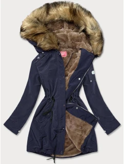 Tmavomodrá dámska bunda parka s kožušinovou podšívkou (m-21506)