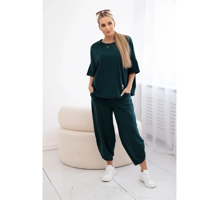 Bavlněný komplet halenka + kalhoty tmavě zelená