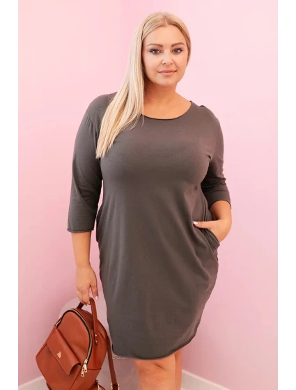 Dámské šaty Plus Size z bavlny s model 21259076 střihem a rukávem 3/4 khaki - K-Fashion