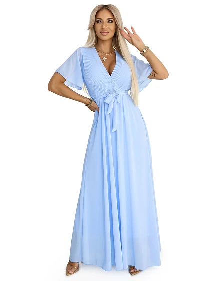 Dlouhé šaty se výstřihem a vázáním MODRÉ model 21107102 - numoco basic Dlouhé šaty se výstřihem a vázáním MODRÉ model 21107102 - numoco basic