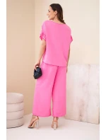 Dámsky viskózový set s potlačou blúzky a nohavíc svetloružovej farby