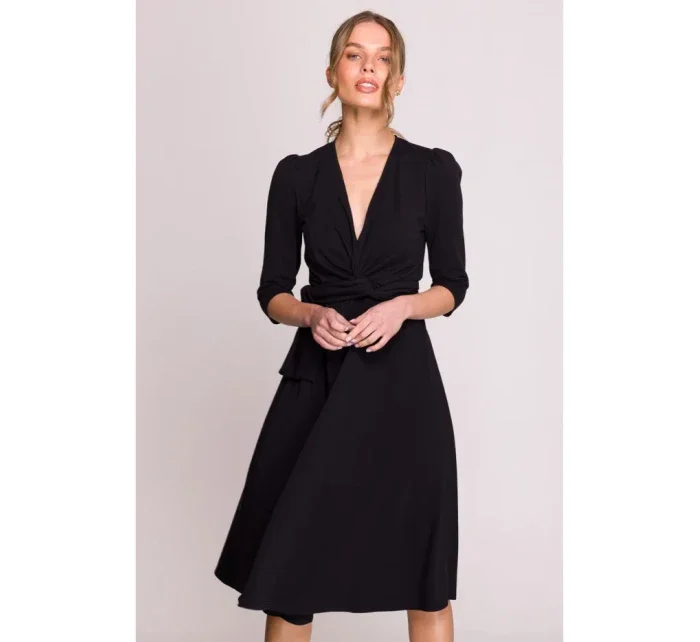 S404 Pletené šaty s opaskom na zaväzovanie - čierne S404 Pletené šaty s opaskom na zaväzovanie - čierne