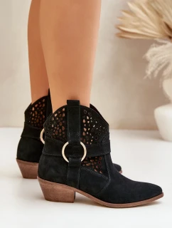 Semišové otvorené kovbojské topánky na podpätku Zazoo 2994 Black