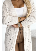 Dámsky béžový sveter - sveter cez oblečenie s dlhším chrbtom a vzorom károvanej čipky s diamantmi 486-2
