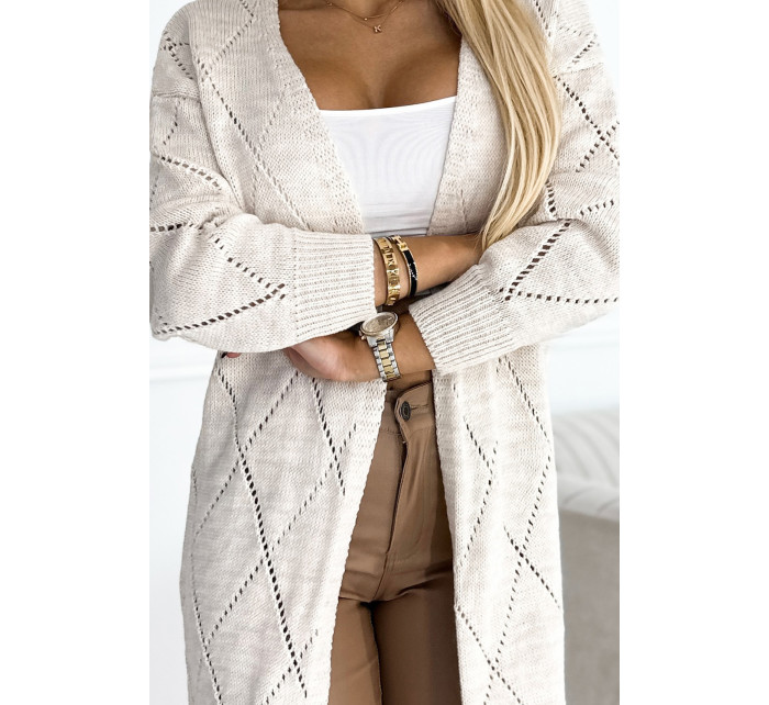 Dámsky béžový sveter - sveter cez oblečenie s dlhším chrbtom a vzorom károvanej čipky s diamantmi 486-2