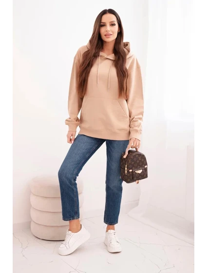 Dámská mikina s kapucí a klokaní kapsou z bavlny camelová