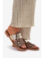 Eleganckie Klapki Ze Skóry Naturalnej Na Płaskim Obcasie Zazoo 40423 Panterka