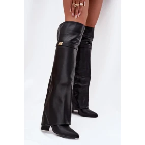 Dámske zateplené čižmy nad kolená s holennou časťou a stĺpcovým podpätkom Serelle - čierne, eko semiš