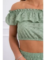 Vyšívaný komplet s pruhovanou blúzkou tmavo mätový