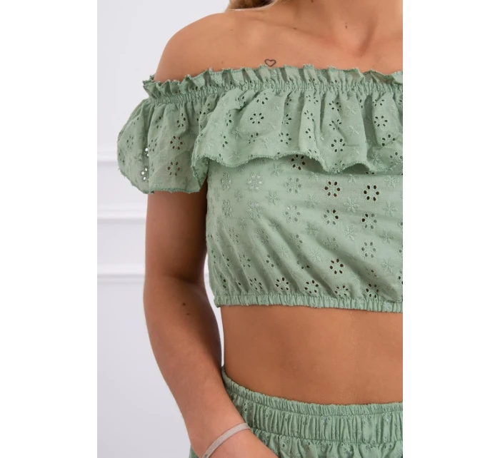 Vyšívaný komplet s pruhovanou blúzkou tmavo mätový