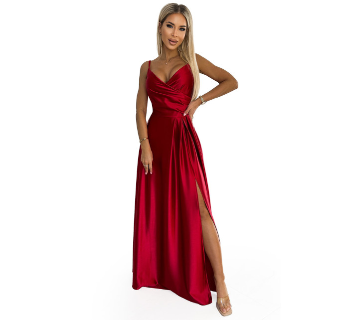 Elegantné saténové maxi šaty bez ramienok Numoco CHIARA - červené