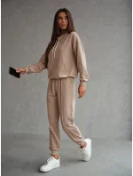 Béžová dámska tepláková súprava - mikina so stojačikom a nohavice (82162)