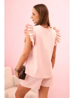Dámský komplet s volánem – halenka s krátkým rukávem a šortky s gumičkou tmavě pudrově růžová