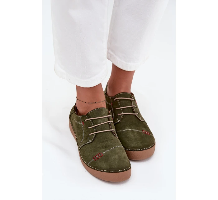 Skórzane Półbuty Damskie Z Przeszyciami Artiker 57C2112 Zielone