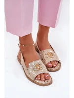 Kožené Sandály S Dekorací Na Plochém Podpatku model 21696779 Zlaté - S.Barski Kožené Sandály S Dekorací Na Plochém Podpatku model 21696779 Zlaté - S.Barski