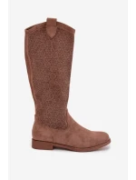 Dámské kozačky s perforovaným vzorem na nízkém podpatku S.Barski HY61-8022 Hnědé