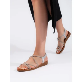 Designové dámské stříbrné  sandály na plochém podpatku