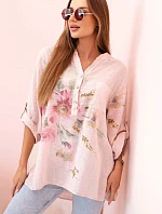 Dámska bavlnená blúzka s kvetinovým vzorom a gombíkmi púdrovo ružová