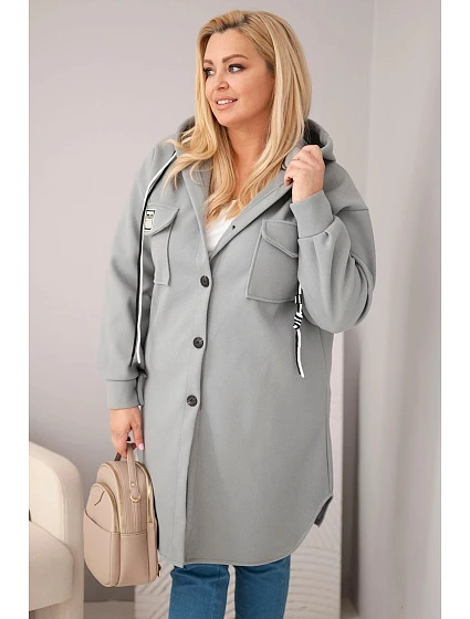 Dámske Plus veľkosť kabát s kapucňou s gombíkom uzavretie šedá