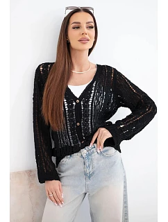 Dámsky bavlnený a čipkovaný sveter s výstrihom do V čierny