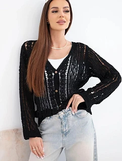 Dámsky bavlnený a čipkovaný sveter s výstrihom do V čierny