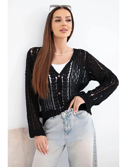 Dámsky bavlnený a čipkovaný sveter s výstrihom do V čierny