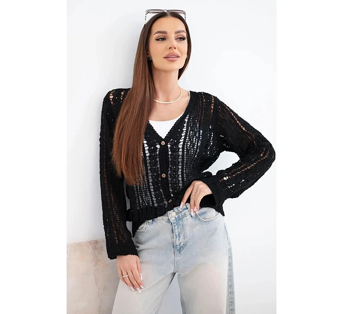 Dámsky bavlnený a čipkovaný sveter s výstrihom do V čierny