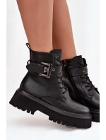 Skórzane Botki Workery Damskie Ocieplane Z Ozdobną Klamrą D&A MK52-032 Czarne Skórzane Botki Workery Damskie Ocieplane Z Ozdobną Klamrą D&A MK52-032 Czarne