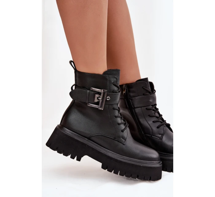 Skórzane Botki Workery Damskie Ocieplane Z Ozdobną Klamrą D&A MK52-032 Czarne Skórzane Botki Workery Damskie Ocieplane Z Ozdobną Klamrą D&A MK52-032 Czarne