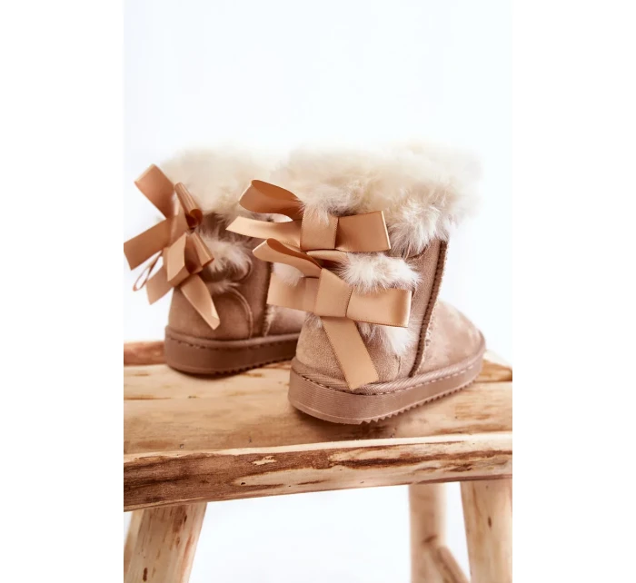 Dětské Teplé Sněhule Semišové s Mašlemi Světle béžove Funky Dětské Teplé Sněhule Semišové s Mašlemi Světle béžove Funky