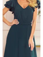 LIDIA - Dlhé dámske šaty v fľaškovo zelenej farbe s výstrihom a volánikmi 310-1