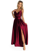 CHIARA - Elegantné dlhé dámske saténové maxi šaty vo vínovej bordovej farbe na ramienkach 299-13