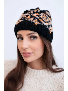 Dámska zimná čiapka s farebnými vzormi a hrubým úpletom K353 black+orange