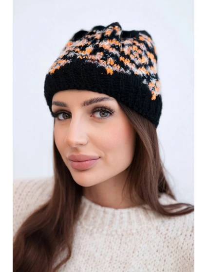 Dámska zimná čiapka s farebnými vzormi a hrubým úpletom K353 black+orange