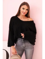 Dámsky mohérový sveter voľného strihu s výstrihom do V IT-92 / 34360 Black gloss - K-Fashion