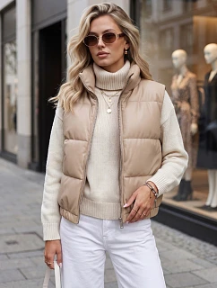 Krátka dámska vesta z ekologickej kože, béžová, FashionStreet TY5734