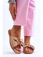 Damskie Skórzane Klapki Z Kokardą Beżowe Becky Damskie Skórzane Klapki Z Kokardą Beżowe Becky