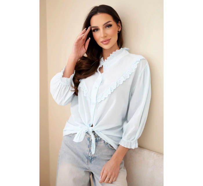 Dámske bavlnené tričko s čipkou a kravatami modré