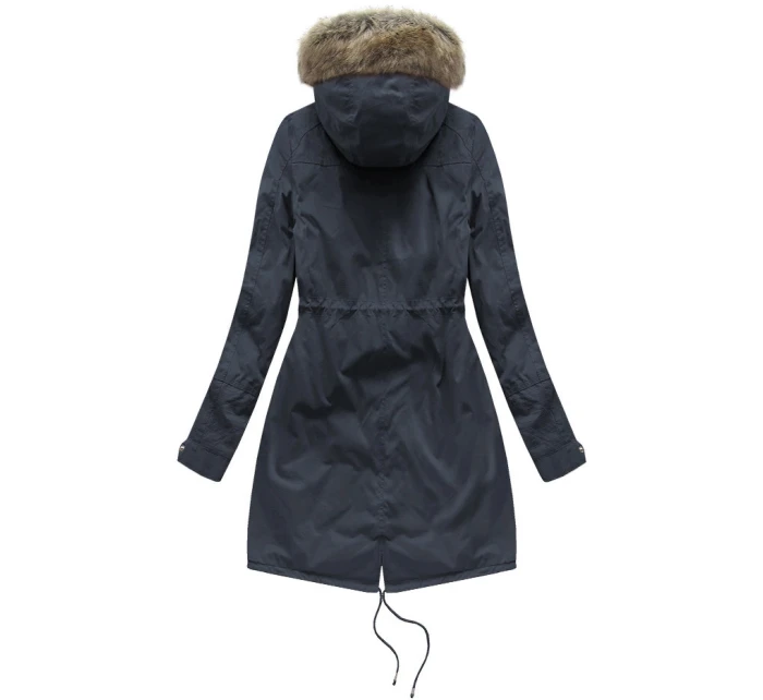 Tmavě modrá dámská zimní bunda parka s kožešinovou podšívkou a s kapucí model 21242018 - Libland