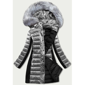 Šedá dámska zimná bunda z rôznych spojených materiálov (DK067-45)