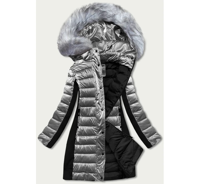 Dámska sivá zimná bunda z rôznych lepených materiálov (dk067-45)