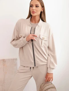 Dámska súprava z viskózy s mikinou na zips a nohavicami béžová