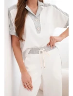 Dámska maslová súprava s polokošeľou a širokými nohavicami sivá