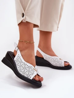 Skórzane Ażurowe Sandały Damskie Na Koturnie Vinceza 79529 Białe