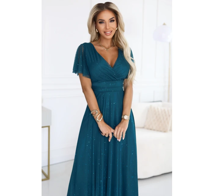 Dlouhé třpytivé šaty  lahvově zelené  model 21893580 - numoco