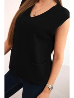 Dámský viskózový svetr bez rukávů s kapsami a výstřihem do V černý