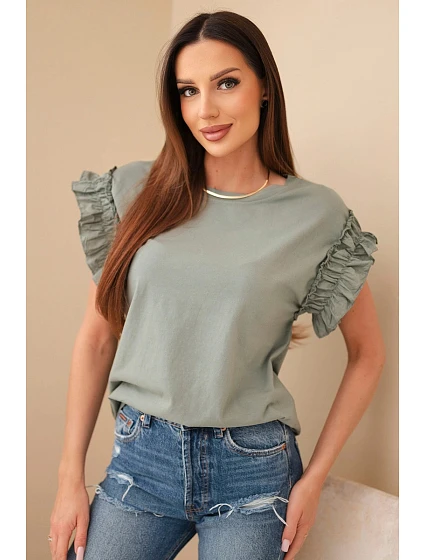Dámská bavlněná halenka s model 22147986 rukávem khaki - K-Fashion