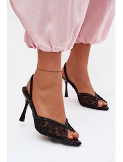 Dámské sandály na podpatku s krajkou a zdobením Černé model 22103145 - Boto
